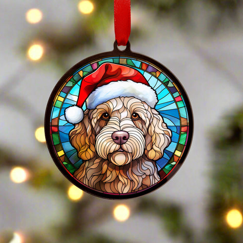 Labradoodle Golden in Santa Hat Suncatcher Decoration